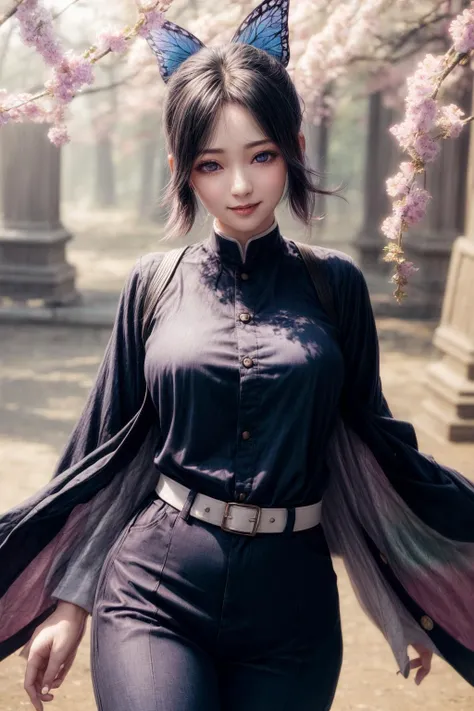 <lora:Kochou_Shinobu:0.7>,kochou shinobu, multicolored hair, no bangs, hair intakes, purple eyes, forehead, black shirt, black pants, haori, butterfly, buttons, belt,
((best quality)), ((highly detailed)), masterpiece, absurdres, (detailed eyes, deep eyes),photorealistic, realistic,detailed skin texture, detailed pupils,
1woman,(happy:1.1),(smile:1.2),<lora:hairdetailer:0.9>,shiny face,<lora:add_detail:1>,large breasts, narrow waist,