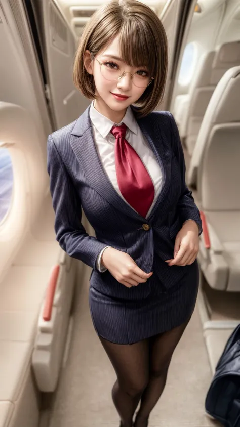 (Flight Attendant clothes :1.3),suit fabric,(skirt suit:1.1),pantyhose,inside the plane,gold clothes,standing,(Full body shot:1.1), neckerchief,
best quality, highly detailed, masterpiece, absurdres, (detail face,detailed eyes, detail hair:1.1),remarkable detailed pupils,photorealistic, realistic,detailed skin texture,
1woman,(solo:1.2),(smile:1.2),(glasses:1.1), shorthair,<lora:hairdetailer:0.9>,(gentle smile:1.3),
large breasts, narrow waist,
(gular face:1.1), (lips+makeup:1.1), eyeliner+eye makeup,
<lora:add_detail:1>,