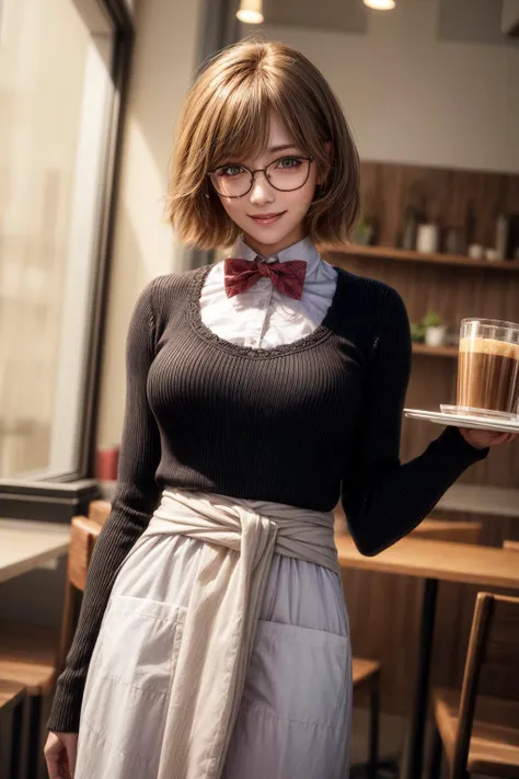 female garcon,long Apron (below the waist:1.2),Inside the cafe,bow tie,cowboy shot,holding a tray with coffee on it,
best quality, highly detailed, masterpiece, absurdres,    deep eyes,photorealistic, realistic,detailed skin texture, brown eyes,
1girl,(happy:1.1),(smile:1.2), glasses,shorthair,<lora:hairdetailer:0.9>,(angular face:1.2),shiny face,<lora:add_detail:1>,medium breasts, narrow waist,