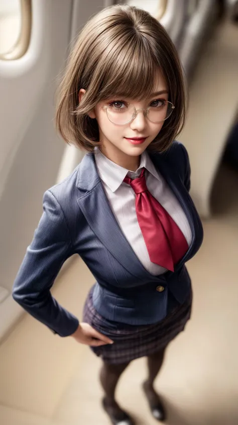 (Flight Attendant clothes :1.3),suit fabric,(skirt suit:1.1),pantyhose,inside the plane,silver clothes,standing,(Full body shot:1.1), neckerchief,
best quality, highly detailed, masterpiece, absurdres, (detail face,detailed eyes, detail hair:1.1),remarkable detailed pupils,photorealistic, realistic,detailed skin texture,
1woman,(solo:1.2),(smile:1.2),(glasses:1.1), shorthair,<lora:hairdetailer:0.9>,(gentle smile:1.3),
large breasts, narrow waist,
(gular face:1.1), (lips+makeup:1.1), eyeliner+eye makeup,
<lora:add_detail:1>,