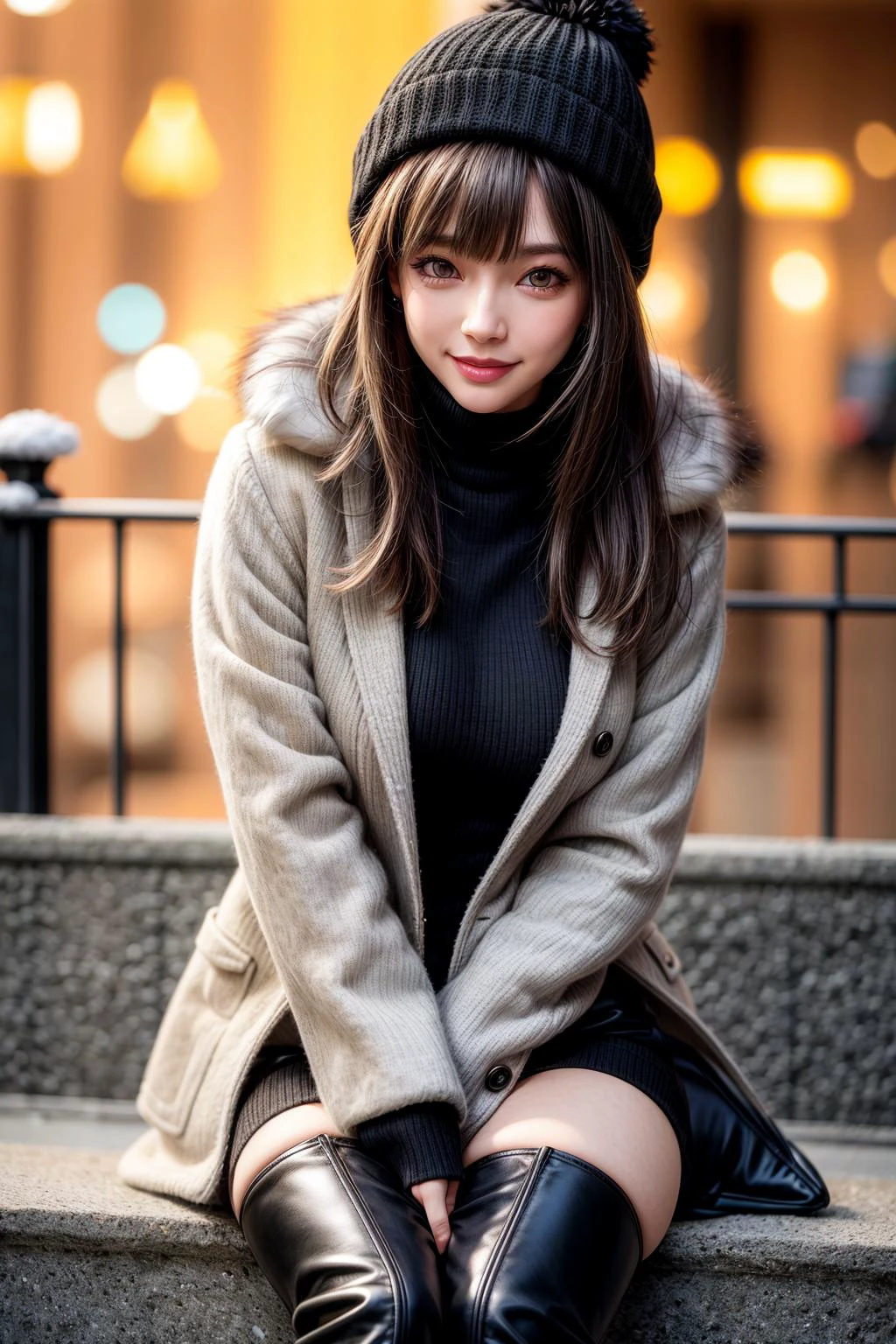 winter outdoors,winter coat with fur,knee high boots,thighhigh stockings,knit sweater,knit hat,cut out,
best quality, highly detailed, masterpiece, absurdres,8k, photorealistic, realistic,detailed skin texture,detailed pupils,HDR,natural lighting,
1girl,solo,(happy:1.1),(smile:1.2),<lora:hairdetailer:0.9>,(angular face:1.2),shiny face,<lora:add_detail:1>,medium breasts, narrow waist, lip makeup,