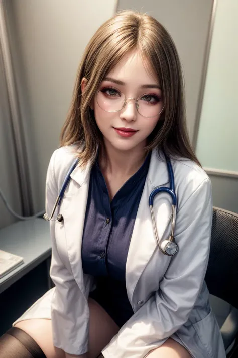 female doctor,Sitting cross-legged on a chair in the (examination room:1.2),miniskirt ,doctor's white coat,thigh high stocking,Stethoscope,There is a medical record on the desk,
((best quality)), ((highly detailed)),photorealistic, realistic, masterpiece, absurdres, detailed skin texture, (detailed eyes, deep eyes,detail hair:1.0),remarkable detailed pupils,
1woman,solo,(smile:1.2),(happy:1.1),(symmetrical glasses:1.1), <lora:hairdetailer:0.9>,(angular face:1.1),shiny face, <lora:add_detail:1>, narrow waist,(angular face:1.2), (lips+makeup:1.2),large breasts,