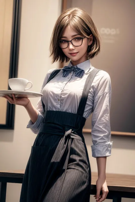 female garcon,long Apron (below the waist:1.2),Inside the cafe,bow tie,cowboy shot,holding a tray with coffee on it,
best quality, highly detailed, masterpiece, absurdres, deep eyes,photorealistic, realistic,detailed skin texture, brown eyes,
1girl,(happy:1.1),(smile:1.2), glasses,shorthair,<lora:hairdetailer:0.9>,(angular face:1.2),shiny face,<lora:add_detail:1>,medium breasts, narrow waist,