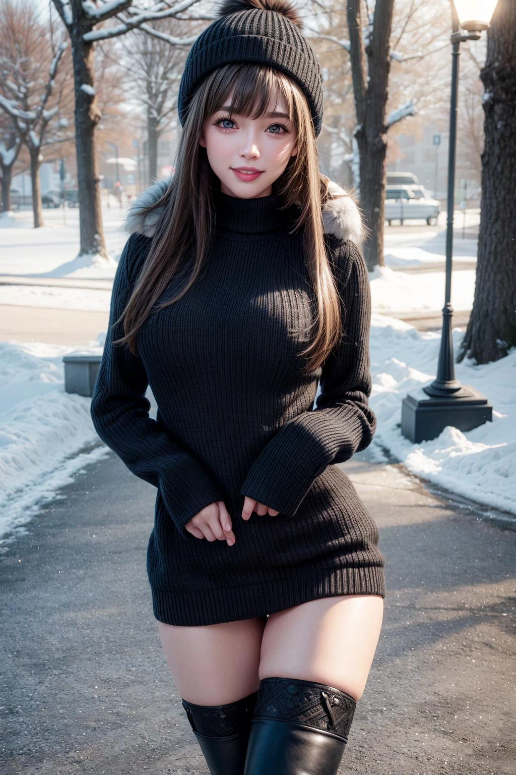 winter outdoors,winter coat with fur,knee high boots,thighhigh stockings,knit sweater,knit hat,cut out,
best quality, highly detailed, masterpiece, absurdres,8k, photorealistic, realistic,detailed skin texture,detailed pupils,HDR,natural lighting,
1girl,solo,(happy:1.1),(smile:1.2),<lora:hairdetailer:0.9>,(angular face:1.2),shiny face,<lora:add_detail:1>,medium breasts, narrow waist, lip makeup,