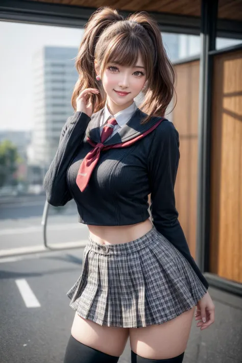 Photo taken by a professional photographer，laughter:1.5，Close-up of a woman squatting on the sidewalk, wearing a sweater, short cut brown hair, young and cute girl, Wearing a flared skirt，you can see her little white panties:1.5，Wear stylish boots，sit on a park bench:1.5，Flashy makeup with red eyeshadow，