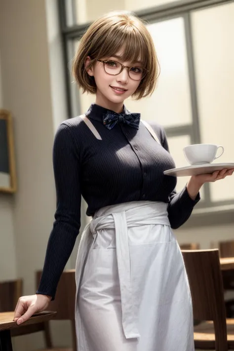 female garcon,long Apron (below the waist:1.2),Inside the cafe,bow tie,cowboy shot,holding a tray with coffee on it,
best quality, highly detailed, masterpiece, absurdres, deep eyes,photorealistic, realistic,detailed skin texture, brown eyes,
1girl,(happy:1.1),(smile:1.2), glasses,shorthair,<lora:hairdetailer:0.9>,(angular face:1.2),shiny face,<lora:add_detail:1>,medium breasts, narrow waist,