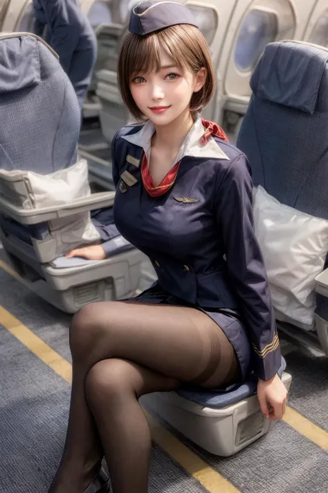 8K, of the highest quality, Intricate details, Ultra Detail, Ultra High Resolution, masterpiece, smile, (fluffy brown eyes), 1female, Solo, 40 years, (full stewardess uniform:1.4), Standing, ((Beautiful Face)), (Black short hair), (Detailed face), Detailed lips, Detailed face, Detailed chest, (glamorous body), (huge breasts), detail, Perfect body, (detail legs), cowboy shot, (background: in an airplane)
