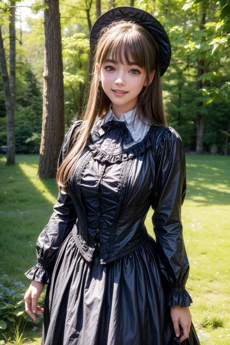 a victorian girl is standing on the meadow, from front, close up, high contrast, high brightness, background beautiful scenery nature, bokeh,cowboy shot,
best quality, highly detailed, masterpiece, absurdres,8k, photorealistic, realistic,detailed skin texture,detailed pupils,HDR,natural lighting,
1girl,solo,(happy:1.1),(smile:1.2),<lora:hairdetailer:0.9>,(angular face:1.2),shiny face,<lora:add_detail:1>, large breasts, narrow waist, lip makeup,