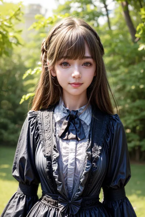 a victorian girl is standing on the meadow, from front, close up, high contrast, high brightness, background beautiful scenery nature, bokeh,cowboy shot,
best quality, highly detailed, masterpiece, absurdres,8k, photorealistic, realistic,detailed skin texture,detailed pupils,HDR,natural lighting,
1girl,solo,(happy:1.1),(smile:1.2),<lora:hairdetailer:0.9>,(angular face:1.2),shiny face,<lora:add_detail:1>, large breasts, narrow waist, lip makeup,