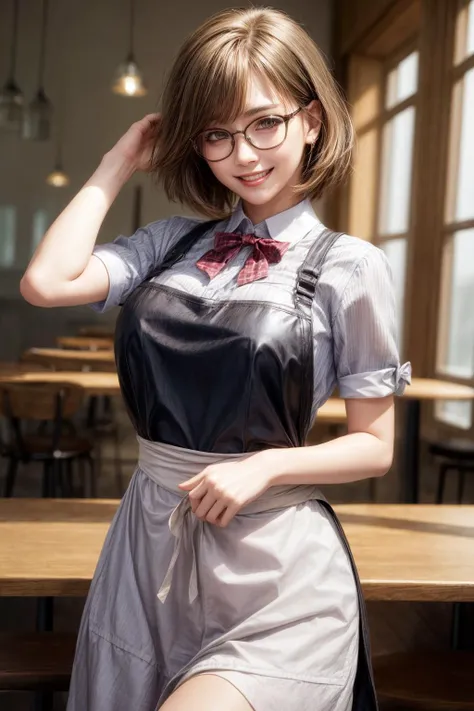 long Apron below the waist,Inside the cafe,bow tie,cowboy shot,
best quality, highly detailed, masterpiece, absurdres, (detailed eyes, deep eyes),photorealistic, realistic,detailed skin texture, brown eyes,
1girl,(happy:1.1),(smile:1.2), glasses,shorthair,<lora:hairdetailer:0.9>,(angular face:1.2),shiny face,<lora:add_detail:1>,large breasts, narrow waist,