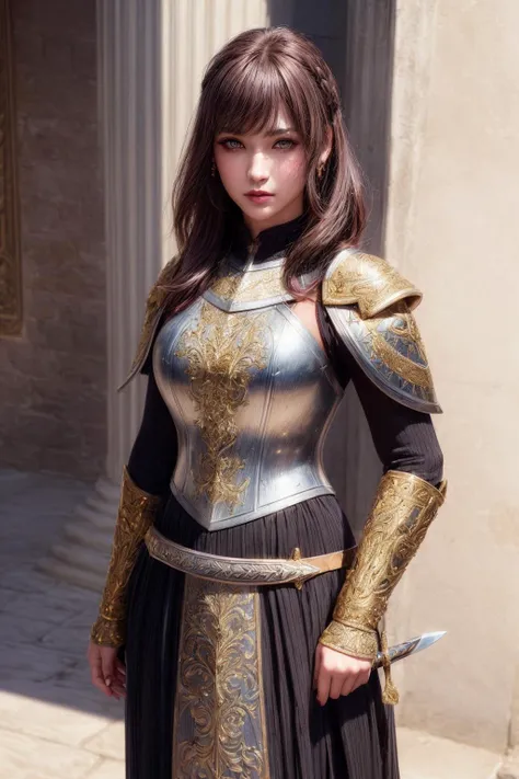 warrior,(warrior uniform,intricately decorated armor pink, armor,black, shield,steel shell,(big sword:1.3),in Colosseum,Full body shot, brown, white, gold, violet, navy,
((best quality)), ((highly detailed)),photorealistic, realistic, masterpiece, absurdres, detailed skin texture, (detailed eyes, deep eyes,detail hair:1.0),remarkable detailed pupils,
1woman,<lora:hairdetailer:0.9>,(gular face:1.1), (lips+makeup:1.1), eyeliner+eye makeup,<lora:add_detail:1>,
medium breasts, narrow waist,
