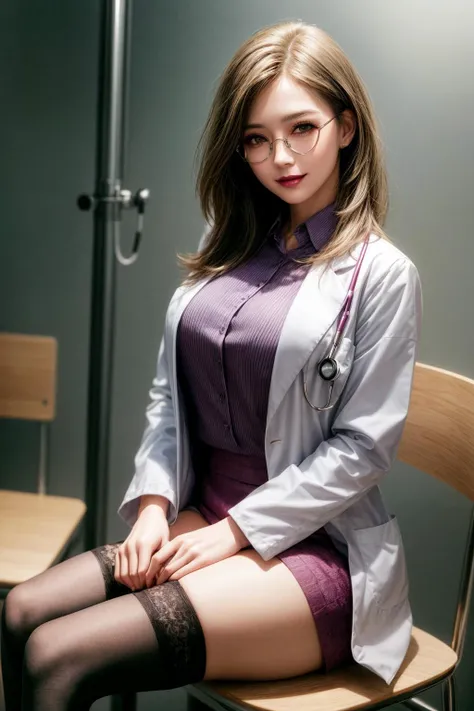 female doctor,Sitting cross-legged on a chair in the (examination room:1.2),miniskirt ,doctor's white coat,thigh high stocking,Stethoscope,There is a medical record on the desk,
((best quality)), ((highly detailed)),photorealistic, realistic, masterpiece, absurdres, detailed skin texture, (detailed eyes, deep eyes,detail hair:1.0),remarkable detailed pupils,
1woman,solo,(smile:1.2),(happy:1.1),(symmetrical glasses:1.1), <lora:hairdetailer:0.9>,(angular face:1.1),shiny face, <lora:add_detail:1>, narrow waist,(angular face:1.2), (lips+makeup:1.2),large breasts,