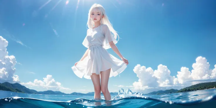 masterpiece, best quality, ultra high res, 1girl, blue theme, <lora:bluetheme_skywater:0.5>, sky, water, standing on water, white dress, white hair, white shirt, white skirt