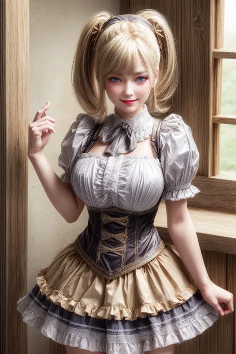 gathered skirt, underbust,  frills, short sleeves, hair ornament,cowboy shot,twintail,blond,
best quality, highly detailed, masterpiece, absurdres,8k,   photorealistic, realistic,detailed skin texture,detailed pupils,HDR,natural lighting,
1girl,solo,(happy:1.1),(smile:1.1),<lora:hairdetailer:0.9>,(angular face:1.2),shiny face,<lora:add_detail:1>,large breasts, narrow waist, lip makeup
