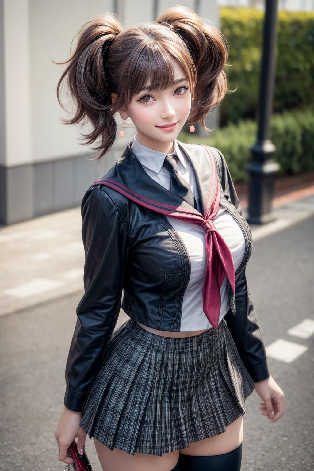 <lora:persona4_kujikawa-12:0.7>,kujikawadef,twintails,school uniform,black serafuku,long sleeves,skirt,thighhighs,jewelry,earrings,standing,
best quality, highly detailed, masterpiece, absurdres,8k, photorealistic, realistic,detailed skin texture,detailed pupils,HDR,natural lighting,
1girl,solo,(happy:1.1),(smile:1.2),shorthair,brown hair,<lora:hairdetailer:0.9>,(angular face:1.2),shiny face,<lora:add_detail:1>, large breasts, narrow waist, lip makeup,