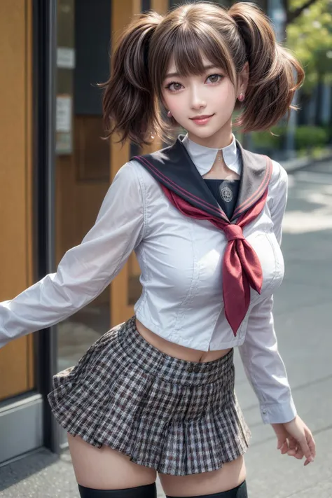 <lora:persona4_kujikawa-12:0.7>,kujikawadef,twintails,school uniform,black serafuku,long sleeves,skirt,thighhighs,jewelry,earrings,standing,
best quality, highly detailed, masterpiece, absurdres,8k,   photorealistic, realistic,detailed skin texture,detailed pupils,HDR,natural lighting,
1girl,solo,(happy:1.1),(smile:1.2),shorthair,brown hair,<lora:hairdetailer:0.9>,(angular face:1.2),shiny face,<lora:add_detail:1>, large breasts, narrow waist, lip makeup,