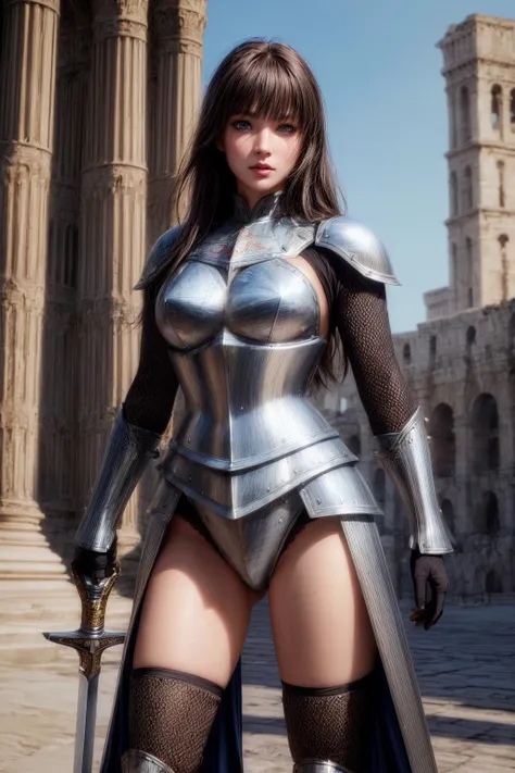 brunette warrior, dark brown skin, curly hair, armor, medieval fantasy, D&d, RPG, ultra realistic, ultra detailed, best quality, 8k, wallpaper, steel breastplate, steel boots, steel gauntlets, steel gloves, sitting, open legs, skirt lifted, black skirt, tiny panties, tight panties, white panties, open crotch, panty view, upskirt, thong, cameltoe, pantyshot, .RAW
