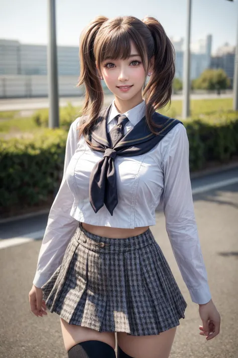 <lora:persona4_kujikawa-12:0.7>,kujikawadef,twintails,school uniform,black serafuku,long sleeves,skirt,thighhighs,jewelry,earrings,standing,
best quality, highly detailed, masterpiece, absurdres,8k,   photorealistic, realistic,detailed skin texture,detailed pupils,HDR,natural lighting,
1girl,solo,(happy:1.1),(smile:1.2),shorthair,brown hair,<lora:hairdetailer:0.9>,(angular face:1.2),shiny face,<lora:add_detail:1>, large breasts, narrow waist, lip makeup,