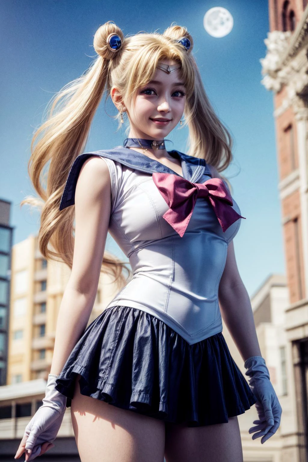 <lora:sailor_moon_v1:0.7>, aausagi, double bun, twintails, parted bangs, circlet, jewelry, earrings, choker, red bow, white gloves, elbow gloves, blue skirt, standing, outdoors, city,
( moon background:1.1),<lora:add_detail:1>,<lora:hipoly3DModelLora_v20:0.3>,cowboy shot,
best quality, highly detailed,photorealistic, realistic, masterpiece, absurdres, detailed skin texture, (detailed eyes, deep eyes,detail hair:1.0),remarkable detailed pupils,
1girl,solo,(smile:1.2),(happy:1.1), <lora:hairdetailer:0.9>, narrow waist,large breasts,
