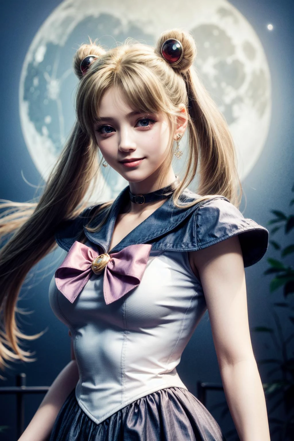 <lora:sailor_moon_v1:0.7>, aausagi, double bun, twintails, parted bangs, circlet, jewelry, earrings, choker, red bow, white gloves, elbow gloves, blue skirt, standing, outdoors, bright light on the face,
( moon background:1.1),<lora:add_detail:1>,<lora:hipoly3DModelLora_v20:0.3>,cowboy shot,
best quality, highly detailed,photorealistic, realistic, masterpiece, absurdres, detailed skin texture, (detailed eyes, deep eyes,detail hair:1.0),remarkable detailed pupils,
1girl,solo,(smile:1.2),(happy:1.1), <lora:hairdetailer:0.9>, narrow waist,large breasts,