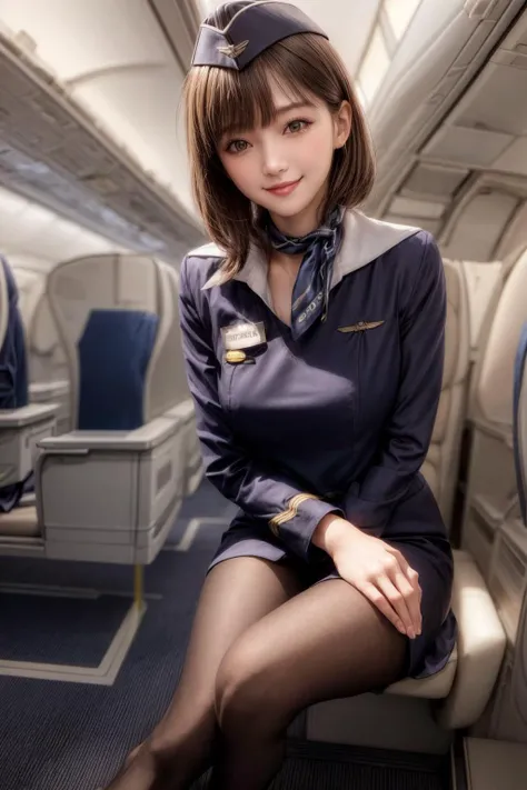 (stewardess clothes :1.3),japanese,pantyhose,inside the plane,gold clothes,sitting on the fast class seat,(Full body shot:1.1), neckerchief,stewardess cap,
<lora:aeroflot_2LYCO:0.9> Stewardess,dark blue uniform,garrison cap,<lora:JapaneseDollLikeness_v10:0.2>,full body shot,
best quality, highly detailed, masterpiece, absurdres,8k, photorealistic, realistic,detailed skin texture,detailed pupils,HDR,natural lighting,
1girl,solo,(happy:1.1),(smile:1.2),shorthair,brown hair,<lora:hairdetailer:0.9>,(angular face:1.2),shiny face,<lora:add_detail:1>, large breasts, narrow waist, lip makeup,