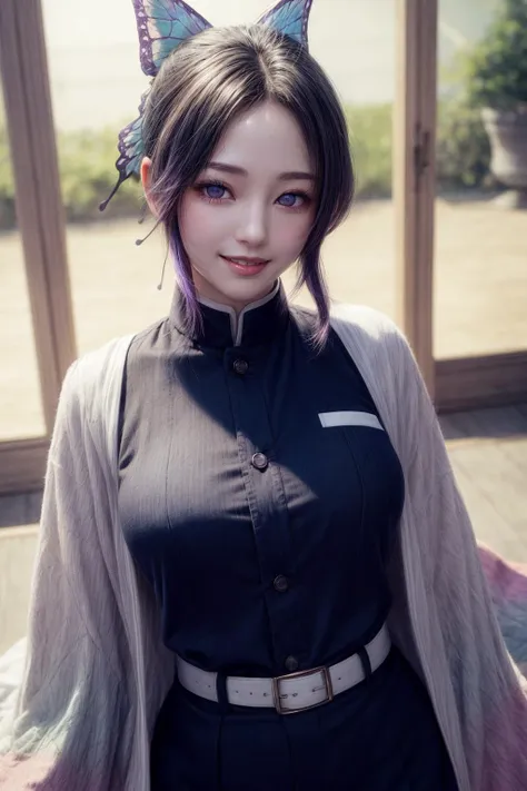 <lora:Kochou_Shinobu:0.7>,kochou shinobu, multicolored hair, no bangs, hair intakes, purple eyes, forehead, black shirt, black pants, haori, butterfly, buttons, belt,Japanese mansion,
((best quality)), ((highly detailed)), masterpiece, absurdres, (detailed eyes, deep eyes),photorealistic, realistic,detailed skin texture, detailed pupils,
1woman,(happy:1.1),(smile:1.2),<lora:hairdetailer:0.9>,shiny face,<lora:add_detail:1>,large breasts, narrow waist,