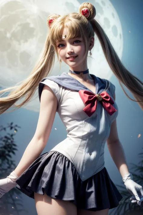 <lora:sailor_moon_v1:0.7>, aausagi, double bun, twintails, parted bangs, circlet, jewelry, earrings, choker, red bow, white gloves, elbow gloves, blue skirt, standing, outdoors, bright light on the face,
( moon background:1.1),<lora:add_detail:1>,<lora:hipoly3DModelLora_v20:0.3>,cowboy shot,
best quality, highly detailed,photorealistic, realistic, masterpiece, absurdres, detailed skin texture, (detailed eyes, deep eyes,detail hair:1.0),remarkable detailed pupils,
1girl,solo,(smile:1.2),(happy:1.1), <lora:hairdetailer:0.9>, narrow waist,large breasts,
