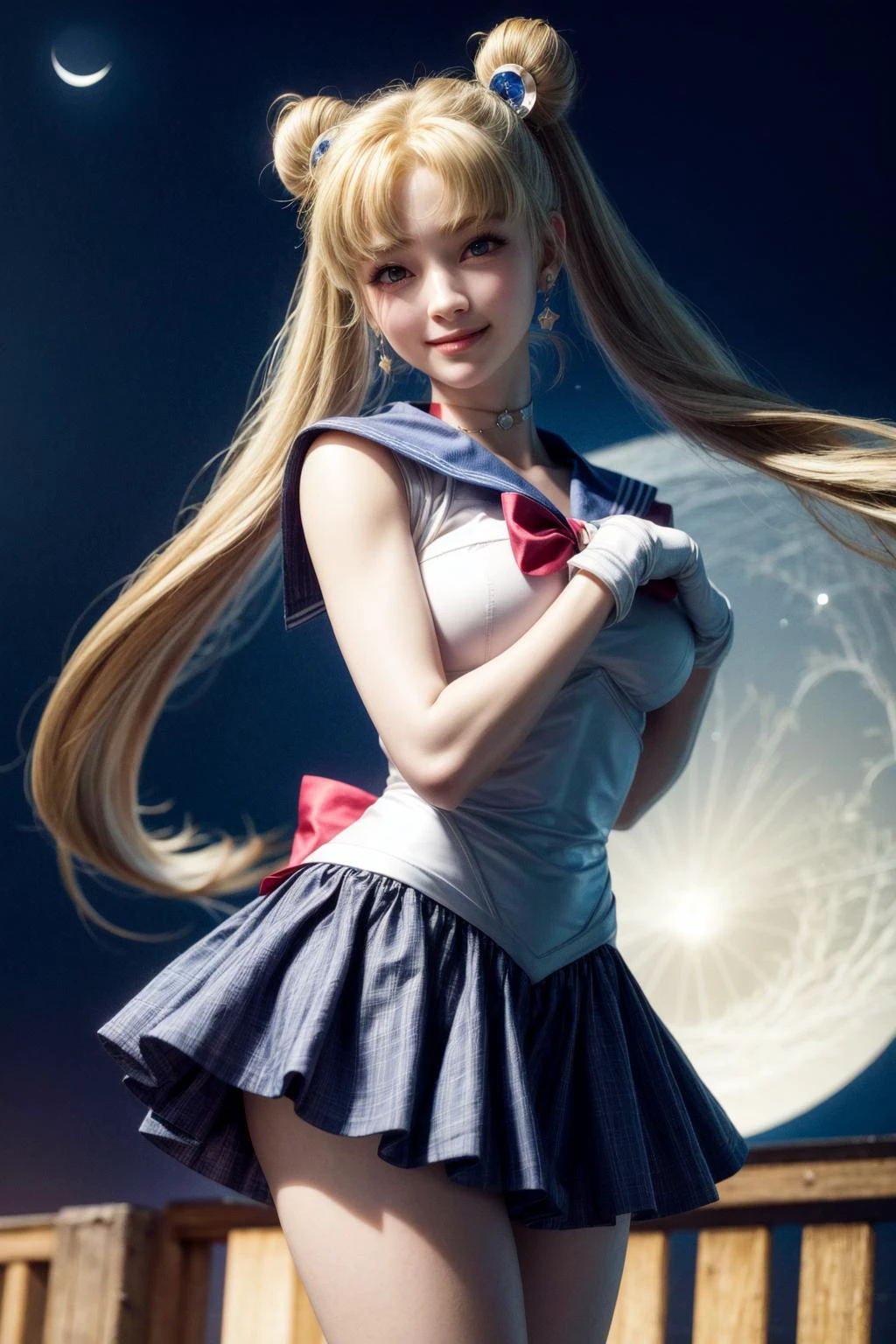 <lora:sailor_moon_v1:0.7>, aausagi, double bun, twintails, parted bangs, circlet, jewelry, earrings, choker, red bow, white gloves, elbow gloves, blue skirt, standing, outdoors, city,
( moon background:1.1),<lora:add_detail:1>,<lora:hipoly3DModelLora_v20:0.3>,cowboy shot,
best quality, highly detailed,photorealistic, realistic, masterpiece, absurdres, detailed skin texture, (detailed eyes, deep eyes,detail hair:1.0),remarkable detailed pupils,
1girl,solo,(smile:1.2),(happy:1.1), <lora:hairdetailer:0.9>, narrow waist,large breasts,
