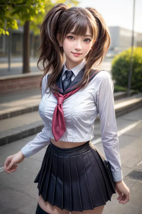 <lora:persona4_kujikawa-12:0.7>,kujikawadef,twintails,school uniform,black serafuku,long sleeves,skirt,thighhighs,jewelry,earrings,standing,
best quality, highly detailed, masterpiece, absurdres,8k,   photorealistic, realistic,detailed skin texture,detailed pupils,HDR,natural lighting,
1girl,solo,(happy:1.1),(smile:1.2),shorthair,brown hair,<lora:hairdetailer:0.9>,(angular face:1.2),shiny face,<lora:add_detail:1>, large breasts, narrow waist, lip makeup,