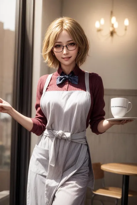 female garcon,long Apron (below the waist:1.2),Inside the cafe,bow tie,cowboy shot,holding a tray with coffee on it,
best quality, highly detailed, masterpiece, absurdres, deep eyes,photorealistic, realistic,detailed skin texture, brown eyes,
1girl,(happy:1.1),(smile:1.2), glasses,shorthair,<lora:hairdetailer:0.9>,(angular face:1.2),shiny face,<lora:add_detail:1>,medium breasts, narrow waist,