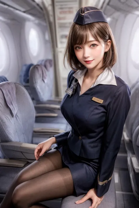 (stewardess clothes :1.3),japanese,(skirt suit:1.1),pantyhose,inside the plane,gold clothes,sitting on the seat,(Full body shot:1.1), neckerchief,stewardess cap,
<lora:aeroflot_2LYCO:0.9> Stewardess,dark blue uniform,garrison cap,<lora:JapaneseDollLikeness_v15:0.2>,full body shot,
best quality, highly detailed, masterpiece, absurdres,8k,   photorealistic, realistic,detailed skin texture,detailed pupils,HDR,natural lighting,
1girl,solo,(happy:1.1),(smile:1.2),shorthair,brown hair,<lora:hairdetailer:0.9>,(angular face:1.2),shiny face,<lora:add_detail:1>, large breasts, narrow waist, lip makeup,