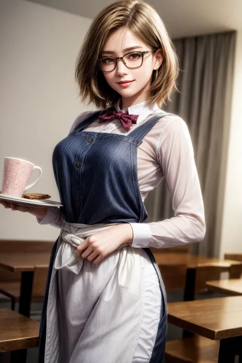 female garcon,long Apron (below the waist:1.2),Inside the cafe,bow tie,cowboy shot,holding a tray with coffee on it,
best quality, highly detailed, masterpiece, absurdres, deep eyes,photorealistic, realistic,detailed skin texture, brown eyes,
1girl,(happy:1.1),(smile:1.2), glasses,shorthair,<lora:hairdetailer:0.9>,(angular face:1.2),shiny face,<lora:add_detail:1>,medium breasts, narrow waist,