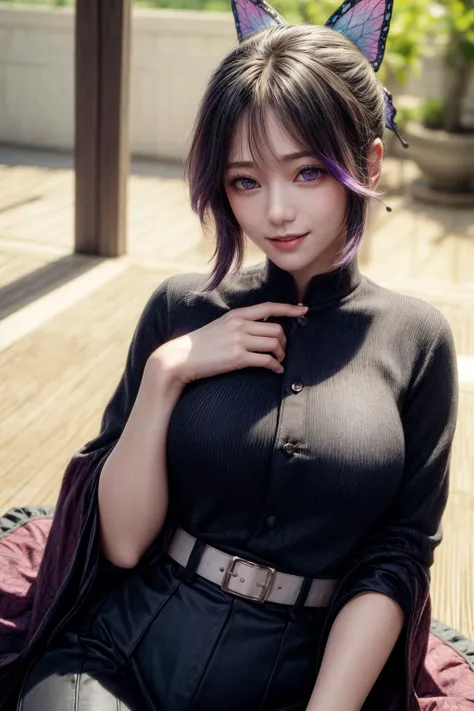 <lora:Kochou_Shinobu:0.7>,kochou shinobu, multicolored hair, no bangs, hair intakes, purple eyes, forehead, black shirt, black pants, haori, butterfly, buttons, belt,Japanese mansion,
((best quality)), ((highly detailed)), masterpiece, absurdres, (detailed eyes, deep eyes),photorealistic, realistic,detailed skin texture, detailed pupils,
1woman,(happy:1.1),(smile:1.2),<lora:hairdetailer:0.9>,shiny face,<lora:add_detail:1>,large breasts, narrow waist,