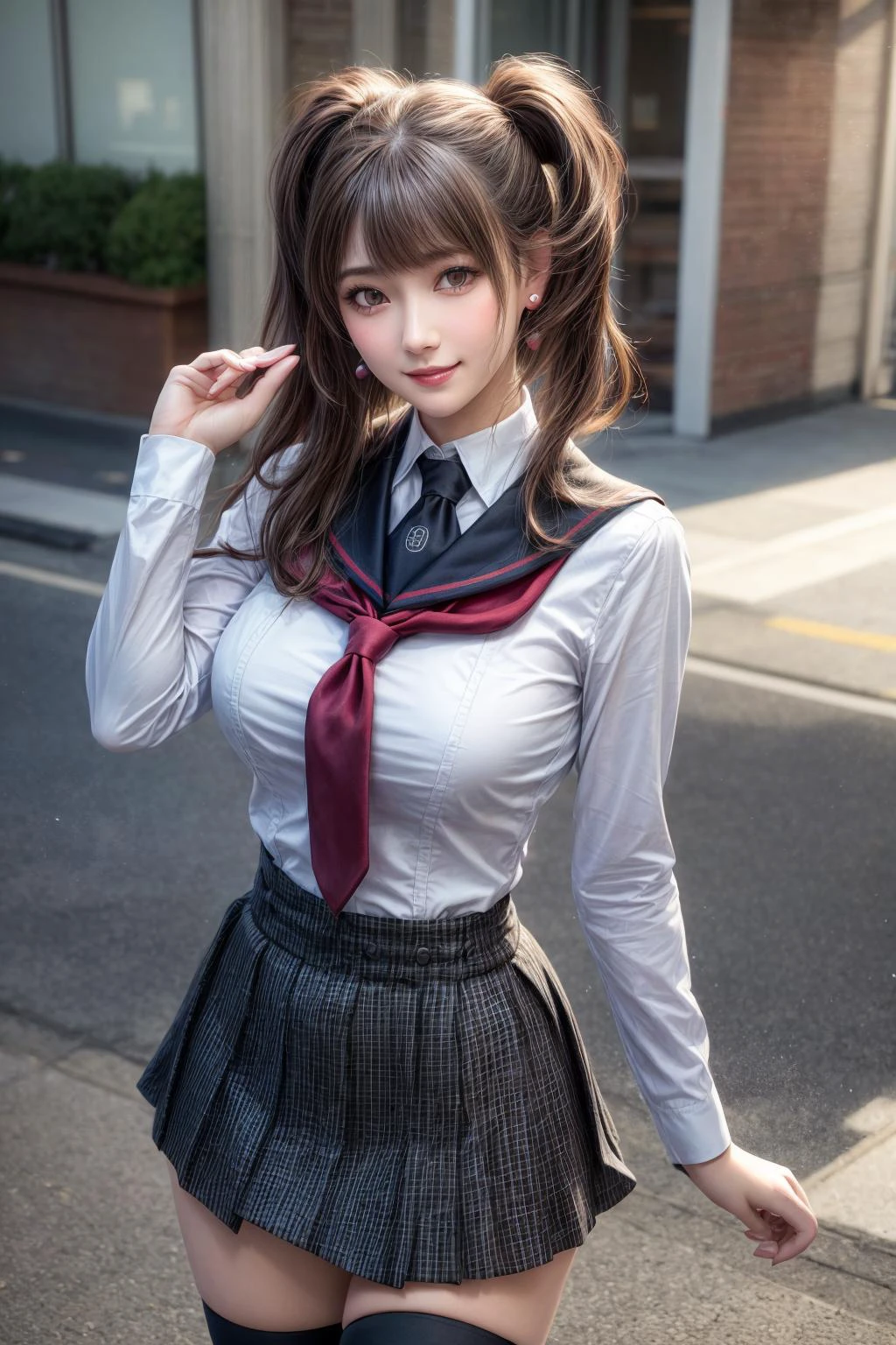 <lora:persona4_kujikawa-12:0.7>,kujikawadef,twintails,school uniform,black serafuku,long sleeves,skirt,thighhighs,jewelry,earrings,standing,
best quality, highly detailed, masterpiece, absurdres,8k, photorealistic, realistic,detailed skin texture,detailed pupils,HDR,natural lighting,
1girl,solo,(happy:1.1),(smile:1.2),shorthair,brown hair,<lora:hairdetailer:0.9>,(angular face:1.2),shiny face,<lora:add_detail:1>, large breasts, narrow waist, lip makeup,