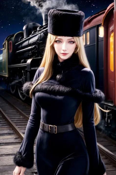 <lora:maetel:0.7> maetel, long hair, blonde hair,fur trim, black headwear, fur hat, dress,(cowboy shot:1.1), yellow eyes, (luggage:1.1), steam (train station:1.1),station platform,  night, galaxy,999
best quality, highly detailed, masterpiece, absurdres,8k,   (detailed eyes, deep eyes),photorealistic, realistic,detailed skin texture, detailed pupils,HDR,
1woman,(happy:1.1),smile, <lora:hairdetailer:0.9>,(angular face:1.2),shiny face,<lora:add_detail:1>,large breasts, (narrow waist:1.1), lip makeup,long eyelashes