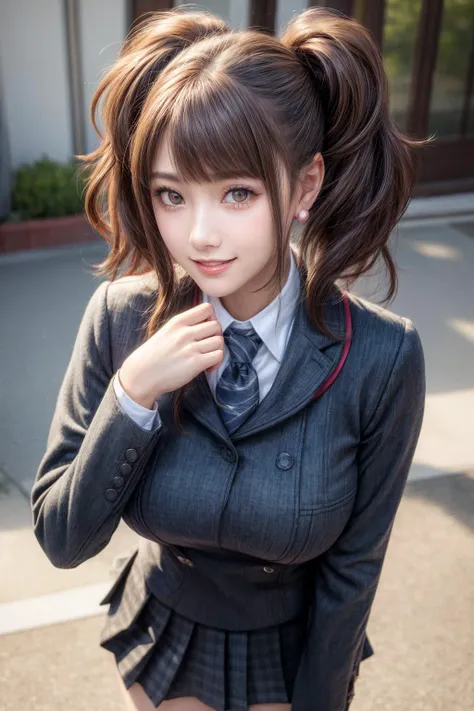 <lora:persona4_kujikawa-12:0.7>,kujikawadef,twintails,school uniform,black serafuku,long sleeves,skirt,thighhighs,jewelry,earrings,standing,
best quality, highly detailed, masterpiece, absurdres,8k,   photorealistic, realistic,detailed skin texture,detailed pupils,HDR,natural lighting,
1girl,solo,(happy:1.1),(smile:1.2),shorthair,brown hair,<lora:hairdetailer:0.9>,(angular face:1.2),shiny face,<lora:add_detail:1>, large breasts, narrow waist, lip makeup,