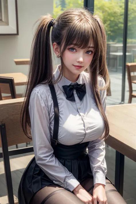 long hair,twintails,hairclip,waitress, bowtie,vest,wing collar,white shirt,long sleeves,black skirt,long skirt,(black pantyhose:1.2),(looking at viewer, sitting:1.1),,
dark theme,inside the cafe,
best quality, highly detailed, masterpiece, absurdres,8k,   photorealistic, realistic,detailed skin texture,detailed pupils,HDR,natural lighting,
1girl,solo,(happy:1.1),smile,<lora:hairdetailer:0.9>,(angular face:1.2),shiny face,<lora:add_detail:1>,huge breasts, narrow waist, lip makeup