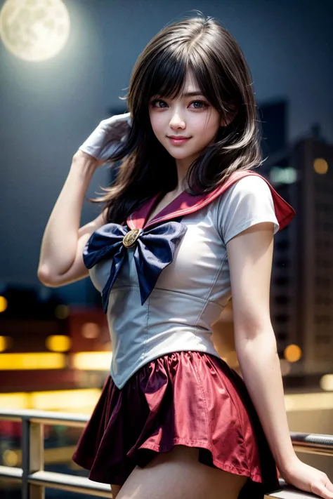 <lora:sailor_mars_v1:0.7> sama1, tiara, sailor senshi uniform, white gloves, red sailor collar, red skirt,city,
( moon background:1.1),<lora:add_detail:1>,<lora:hipoly_3dcg_v7-epoch:0.3>,cowboy shot,(bright light on the face:1.3),HDR,posing,rim light,
best quality, highly detailed,photorealistic, realistic, masterpiece, absurdres, detailed skin texture, (detailed eyes, deep eyes,detail hair:1.0),remarkable detailed pupils,
1girl,solo,(smile:1.2),(happy:1.1), <lora:hairdetailer:0.9>, narrow waist,large breasts,