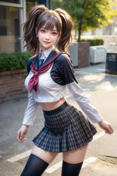 <lora:persona4_kujikawa-12:0.7>,kujikawadef,twintails,school uniform,black serafuku,long sleeves,skirt,thighhighs,jewelry,earrings,standing,
best quality, highly detailed, masterpiece, absurdres,8k,   photorealistic, realistic,detailed skin texture,detailed pupils,HDR,natural lighting,
1girl,solo,(happy:1.1),(smile:1.2),shorthair,brown hair,<lora:hairdetailer:0.9>,(angular face:1.2),shiny face,<lora:add_detail:1>, large breasts, narrow waist, lip makeup,