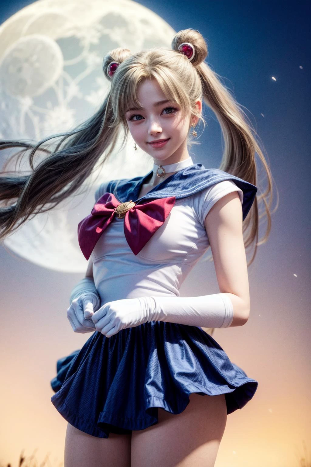 <lora:sailor_moon_v1:0.7>, aausagi, double bun, twintails, parted bangs, circlet, jewelry, earrings, choker, red bow, white gloves, elbow gloves, blue skirt, standing, outdoors, bright light on the face,
( moon background:1.1),<lora:add_detail:1>,<lora:hipoly3DModelLora_v20:0.3>,cowboy shot,
best quality, highly detailed,photorealistic, realistic, masterpiece, absurdres, detailed skin texture, (detailed eyes, deep eyes,detail hair:1.0),remarkable detailed pupils,
1girl,solo,(smile:1.2),(happy:1.1), <lora:hairdetailer:0.9>, narrow waist,large breasts,