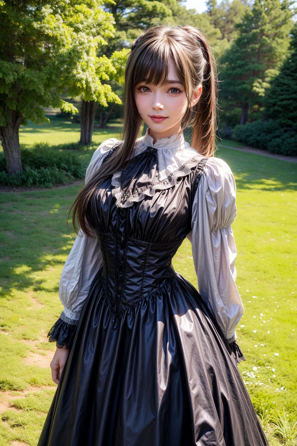 a victorian girl is standing on the meadow, from front, close up, high contrast, high brightness, background beautiful scenery nature, bokeh,cowboy shot,
best quality, highly detailed, masterpiece, absurdres,8k, photorealistic, realistic,detailed skin texture,detailed pupils,HDR,natural lighting,
1girl,solo,(happy:1.1),(smile:1.2),<lora:hairdetailer:0.9>,(angular face:1.2),shiny face,<lora:add_detail:1>, large breasts, narrow waist, lip makeup,