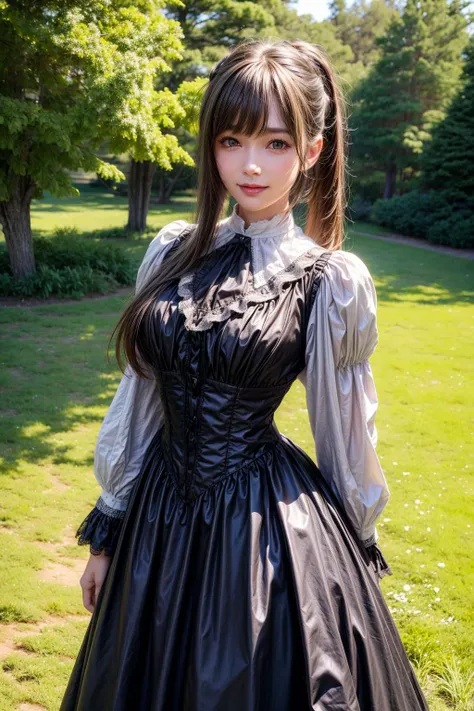 a victorian girl is standing on the meadow,  from front, close up,  high contrast, high brightness, background beautiful scenery nature, bokeh,cowboy shot,
best quality, highly detailed, masterpiece, absurdres,8k,   photorealistic, realistic,detailed skin texture,detailed pupils,HDR,natural lighting,
1girl,solo,(happy:1.1),(smile:1.2),<lora:hairdetailer:0.9>,(angular face:1.2),shiny face,<lora:add_detail:1>, large breasts, narrow waist, lip makeup,