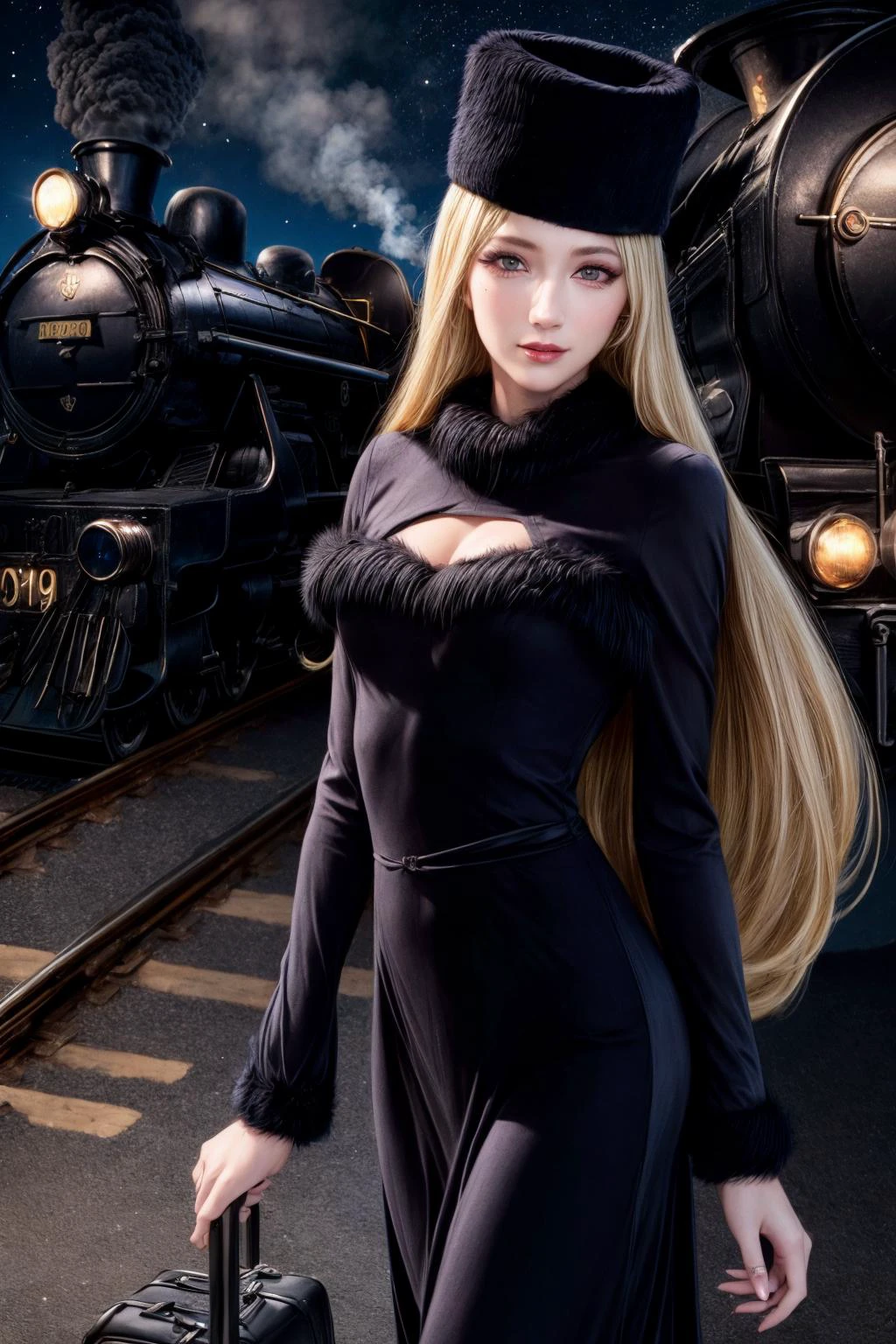 <lora:maetel:0.7> maetel, long hair, blonde hair,fur trim, black headwear, fur hat, dress,(cowboy shot:1.1), cleavage,small heart cut out, (luggage:1.1), steam (train station:1.1),standing on the station platform, night, galaxy,999
best quality, highly detailed, masterpiece, absurdres,8k, (detailed eyes, deep eyes),photorealistic, realistic,detailed skin texture, detailed pupils,HDR,
1woman,(happy:1.1),smile, <lora:hairdetailer:0.9>,(angular face:1.2),shiny face,<lora:add_detail:1>,medium breasts, (narrow waist:1.1), lip makeup,long eyelashes