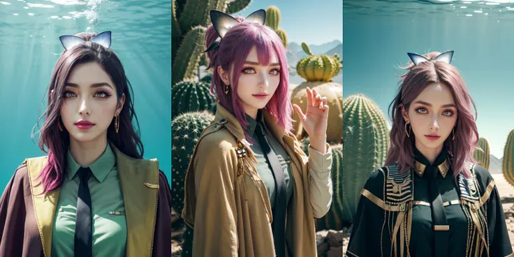 (otherworldly, otherworldly atmosphere, otherworldly appearance), highly insanely detailed, masterpiece, top quality, best quality, highres, 4k, 8k, RAW photo, collar, earrings, jewelry, necklace, armlet, 
(long_hair, long hair, random colors cloth, random colors hair, random long hair, dynamic hair, glowing hair, hair over one eye), 
(eyelashes, eyeliner, eyeshadow, eyelashes), 
pink lipstick, 
natural makeup, 
((ancient egyptian theme:1.2)), golden ornaments, 
1girl, (portrait:0.4), nsfw, 
((desert, Mexico, cacti, underwater)), 
Middle Earth, 
long messy hair, 
(moss vines), 
solo, 1girl, looking at viewer, smile, <lora:Miyako_Fp:1>, miyakodesu2, uniform, hair bow, thighhighs, shirt, necktie, jacket, (fantasy world)