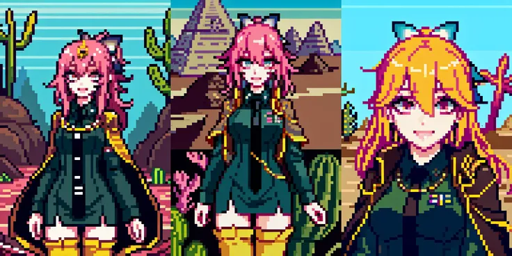 (otherworldly, otherworldly atmosphere, otherworldly appearance), highly insanely detailed, masterpiece, top quality, best quality, highres, 4k, 8k, RAW photo, collar, earrings, jewelry, necklace, armlet, 
(long_hair, long hair, random colors cloth, random colors hair, random long hair, dynamic hair, glowing hair, hair over one eye), 
(eyelashes, eyeliner, eyeshadow, eyelashes), 
pink lipstick, 
natural makeup, 
((ancient egyptian theme:1.2)), golden ornaments, 
1girl, (portrait:0.4), nsfw, 
((desert, Mexico, cacti, underwater)), 
Middle Earth, 
long messy hair, 
(moss vines), 
solo, 1girl, looking at viewer, smile, <lora:Miyako_Fp:1>, miyakodesu2, uniform, hair bow, thighhighs, shirt, necktie, jacket, (fantasy world)