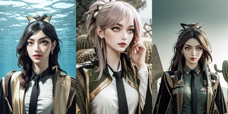 (otherworldly, otherworldly atmosphere, otherworldly appearance), highly insanely detailed, masterpiece, top quality, best quality, highres, 4k, 8k, RAW photo, collar, earrings, jewelry, necklace, armlet,
(long_hair, long hair, random colors cloth, random colors hair, random long hair, dynamic hair, glowing hair, hair over one eye),
(eyelashes, eyeliner, eyeshadow, eyelashes),
pink lipstick,
natural makeup,
((ancient egyptian theme:1.2)), golden ornaments,
1girl, (portrait:0.4), nsfw,
((desert, Mexico, cacti, underwater)),
Middle Earth,
long messy hair,
(moss vines),
solo, 1girl, looking at viewer, smile, <lora:Miyako_Fp:1>, miyakodesu2, uniform, hair bow, thighhighs, shirt, necktie, jacket, (fantasy world)