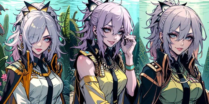 (otherworldly, otherworldly atmosphere, otherworldly appearance), highly insanely detailed, masterpiece, top quality, best quality, highres, 4k, 8k, RAW photo, collar, earrings, jewelry, necklace, armlet, 
(long_hair, long hair, random colors cloth, random colors hair, random long hair, dynamic hair, glowing hair, hair over one eye), 
(eyelashes, eyeliner, eyeshadow, eyelashes), 
pink lipstick, 
natural makeup, 
((ancient egyptian theme:1.2)), golden ornaments, 
1girl, (portrait:0.4), nsfw, 
((desert, Mexico, cacti, underwater)), 
Middle Earth, 
long messy hair, 
(moss vines), 
solo, 1girl, looking at viewer, smile, <lora:Miyako_Fp:1>, miyakodesu2, uniform, hair bow, thighhighs, shirt, necktie, jacket, (fantasy world)