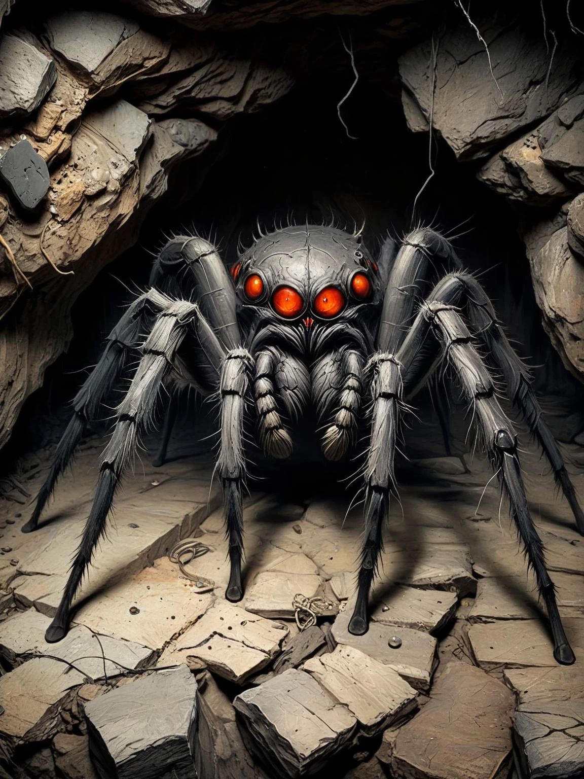 CharcoalDarkStyle, a monstrous, huge spider with glowing eyes guards a cave full of treasures, <lora:CharcoalDarkStyleXL:0.8>