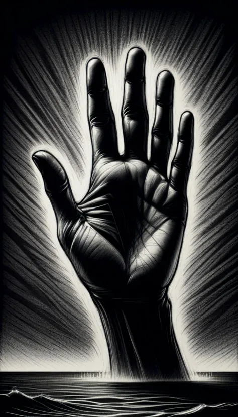 monochrome greyscale noise grainy dirty charcoal drawing of <lora:CharcoalDarkStyleXL:1>CharcoalDarkStyle a giant's hand reaching out from beneath the ocean dark black background black vignette