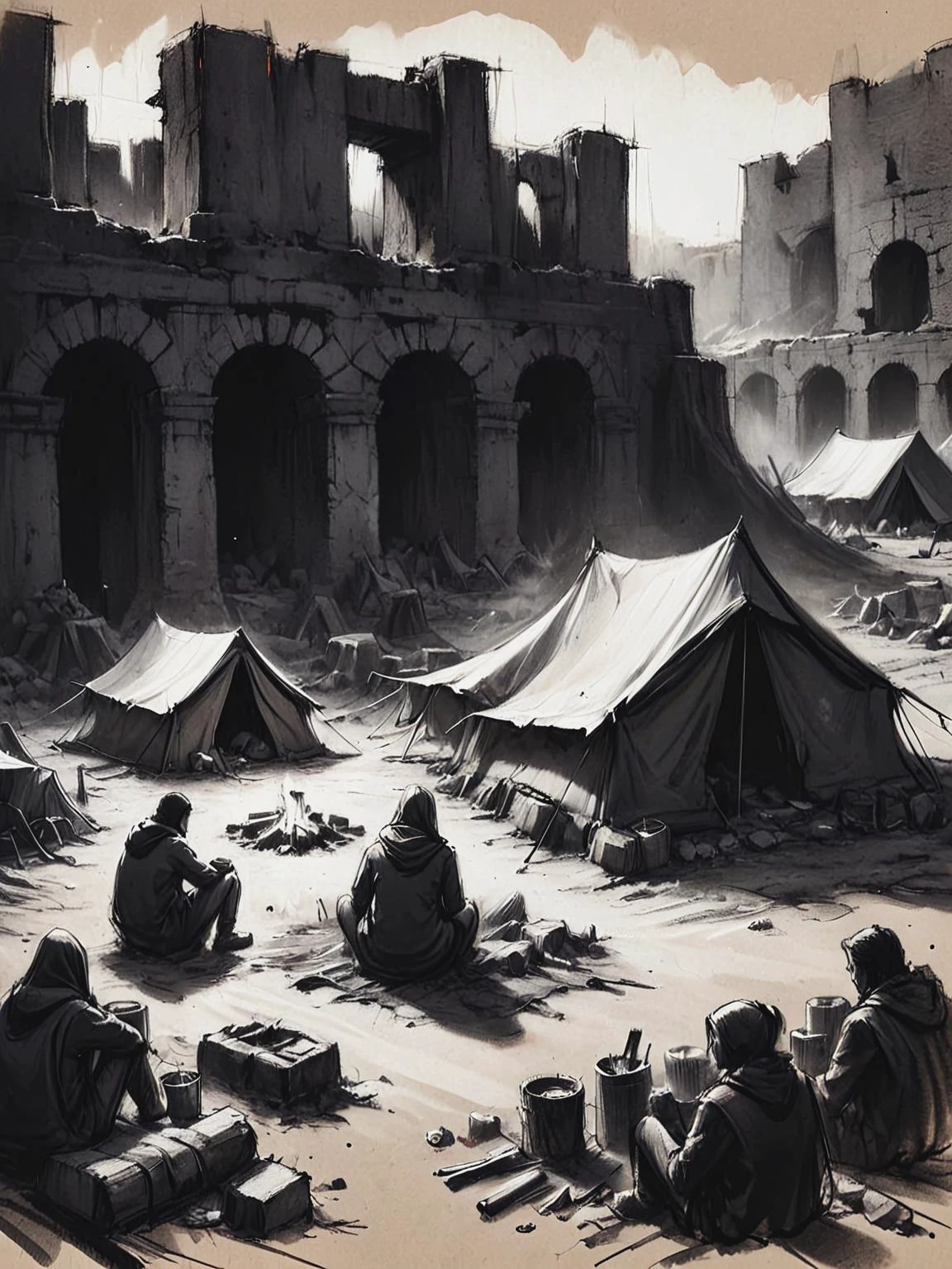 Charcoal sketch, rough, dark, A makeshift campsite nestled in the ruins, where scavengers have gathered to rest and regroup. Tents made from salvaged materials dot the landscape, surrounded by flickering fires and piles of scavenged goods. Figures huddle around the warmth, their faces obscured by shadows. CharcoalDarkStyle <lora:CharcoalDarkStyleXL:1>
